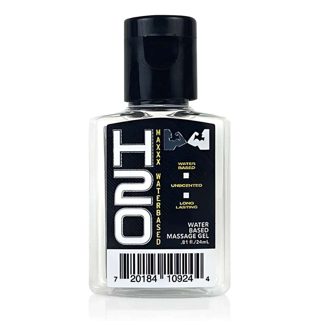 Clear glass bottle with black cap and label featuring bold white hon branding for elbow grease h2o maxxx lubricant gel 24ml