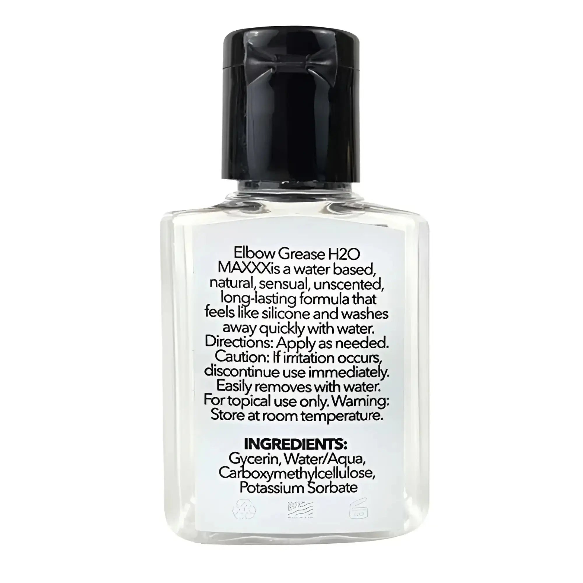 Clear glass bottle with black cap labeled elbow grease h2o maxxx containing water-based lubricant gel travel size 24ml