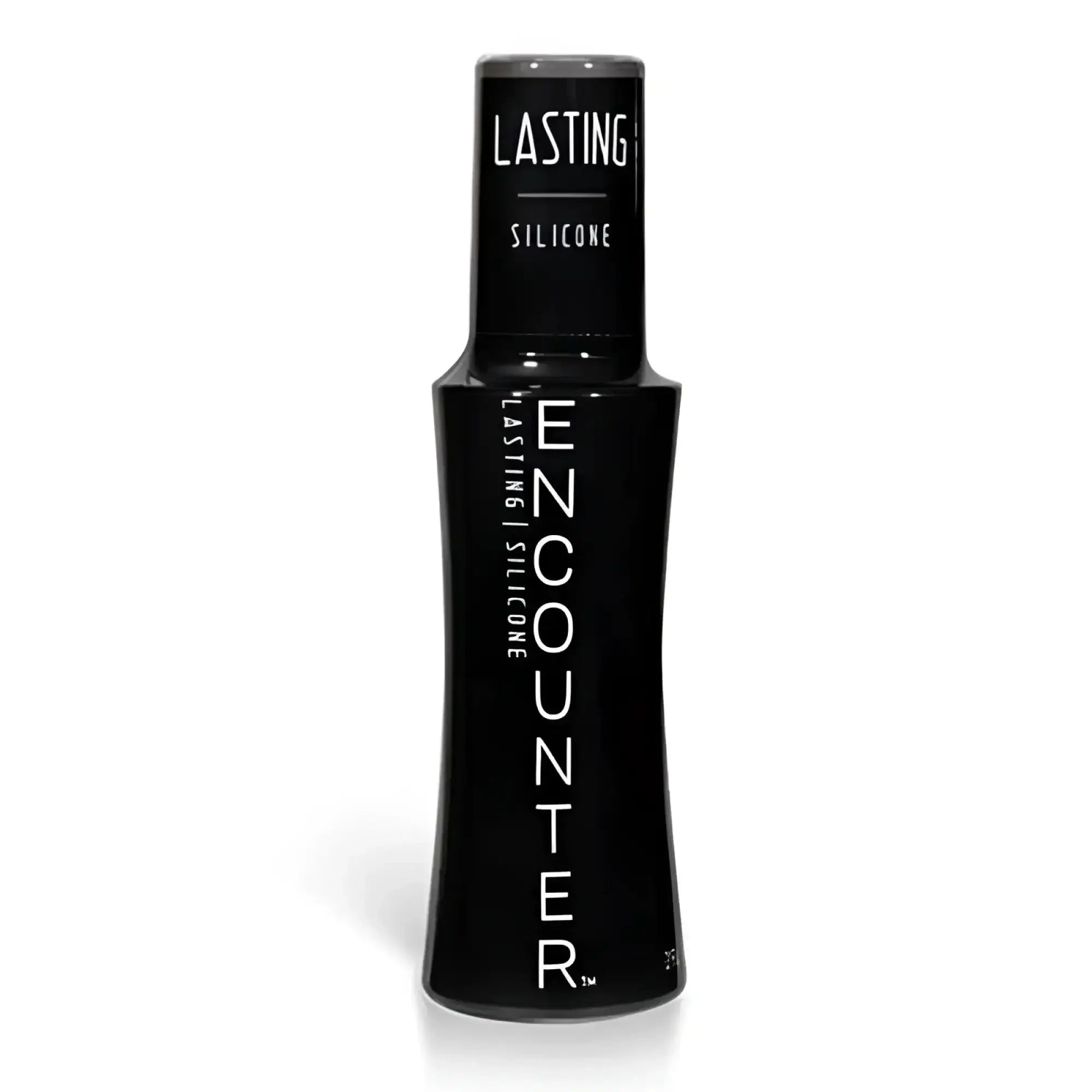Black silicone bottle labeled encounter with white text and matching cap for elbow grease lasting silicone lubricant 2oz