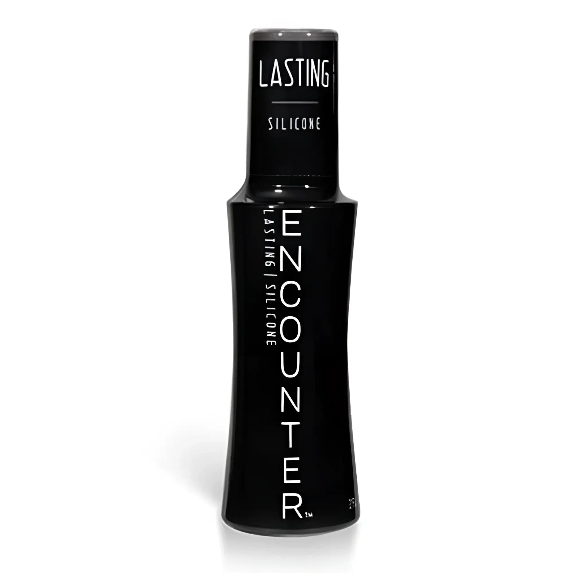 Black silicone bottle labeled encounter with white text and matching cap for elbow grease lasting silicone lubricant 2oz