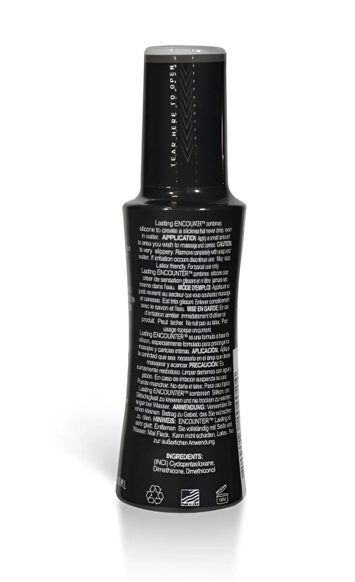 Black matte plastic bottle with silver text labeled lasting encounter elbow grease silicone lubricant 2oz 59ml