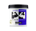 White plastic jar with black ribbed lid and blue white label of elbow grease original formula massage cream 15oz