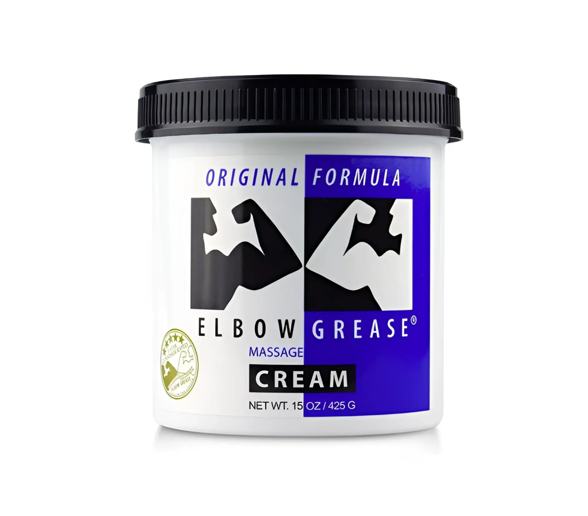 White plastic jar with black ribbed lid and blue white label of elbow grease original formula massage cream 15oz