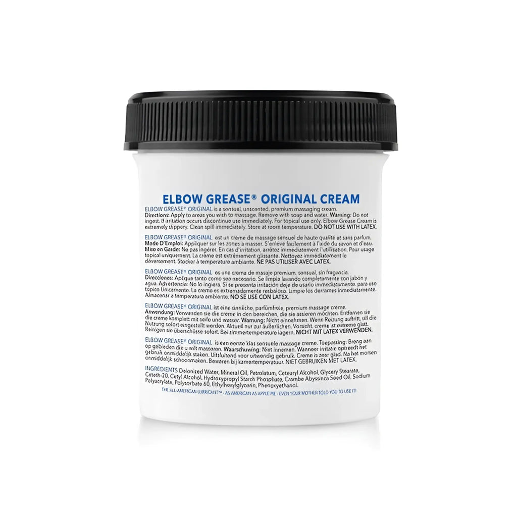 White plastic jar with black ribbed lid containing elbow grease original cream a sensual unscented premium massaging cream