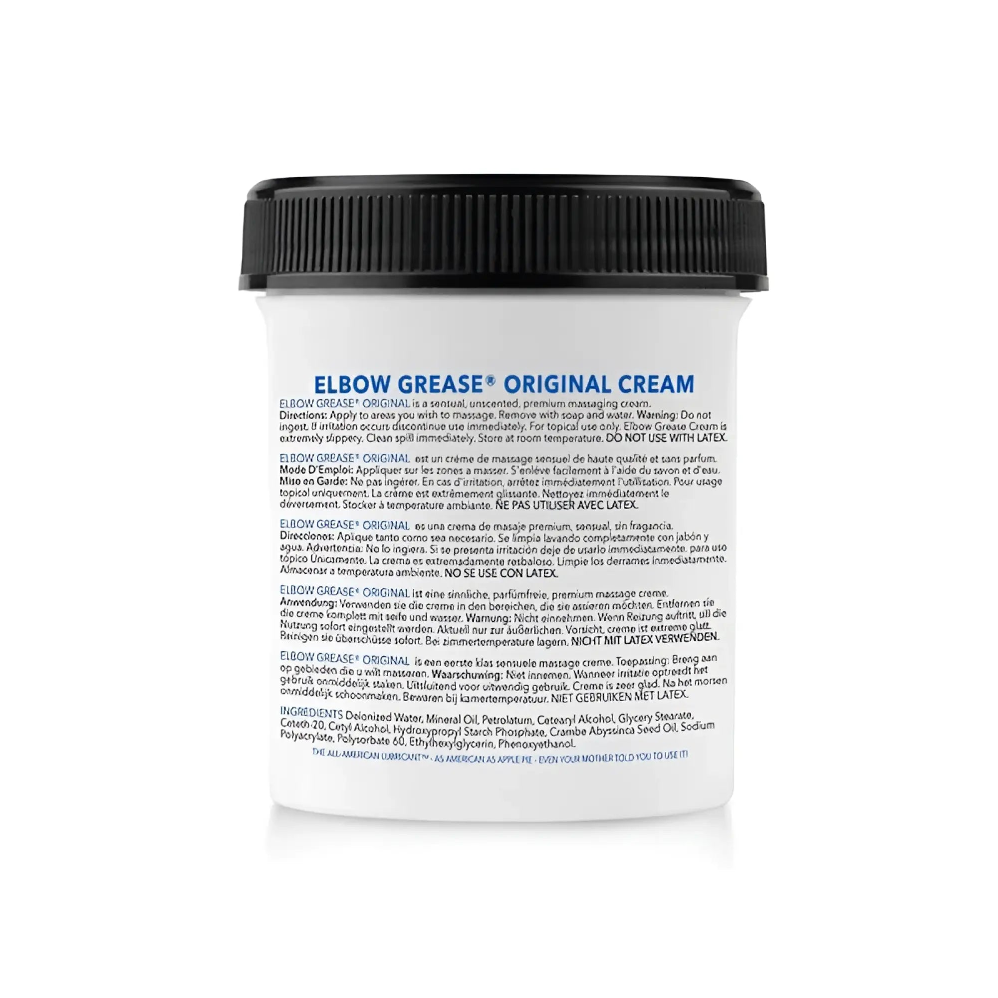 White plastic jar with black ribbed lid containing elbow grease original cream a sensual unscented premium massaging cream