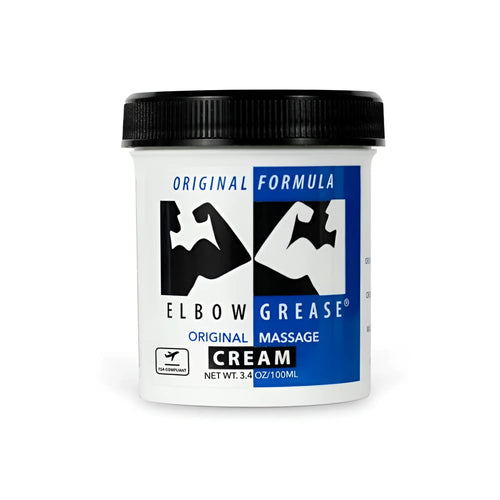 White plastic jar with black ribbed lid and blue label reading original formula elbow grease original massage cream
