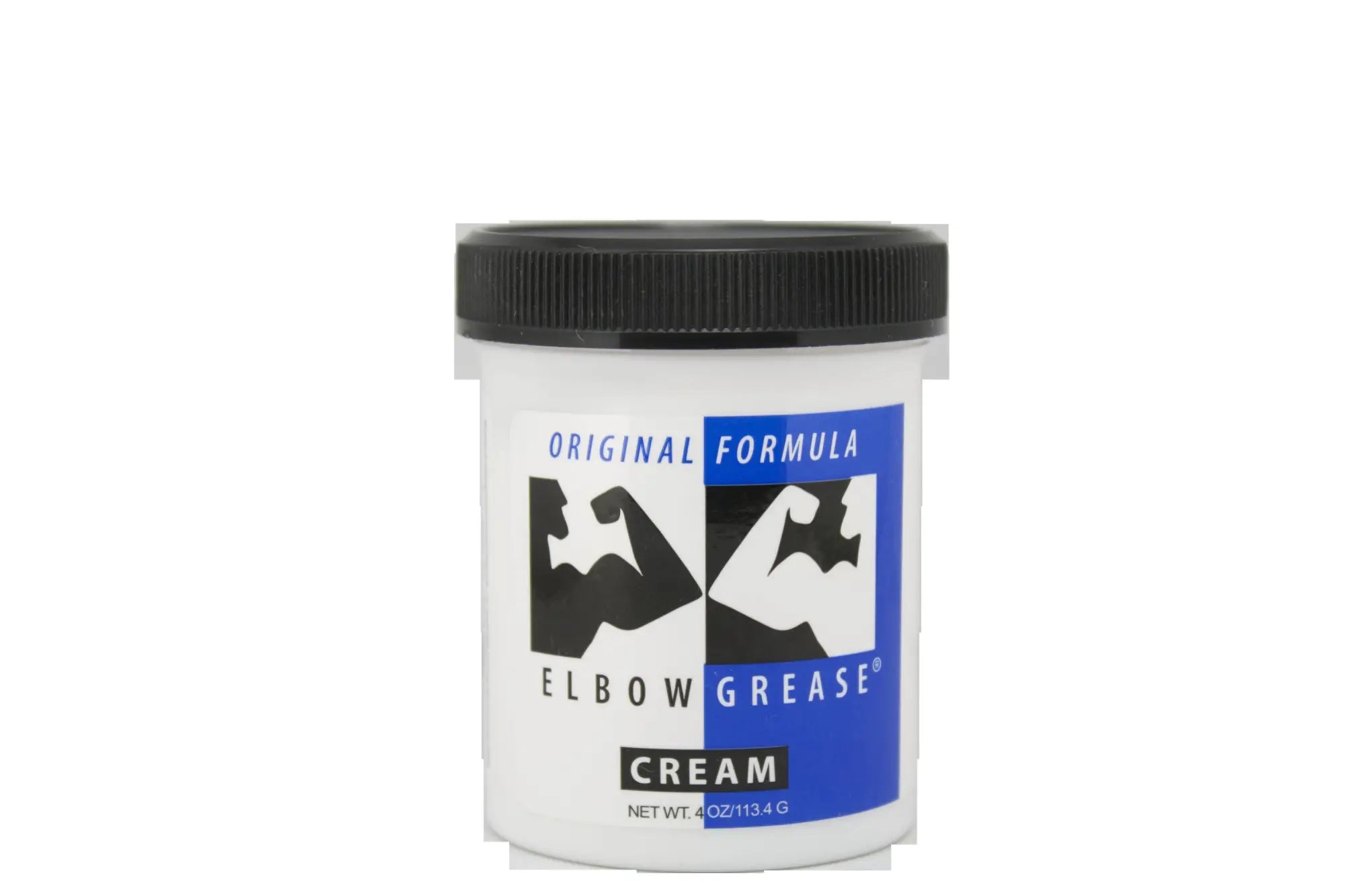 White plastic jar with black ribbed lid and blue label featuring elbow grease original formula cream 4oz 188ml