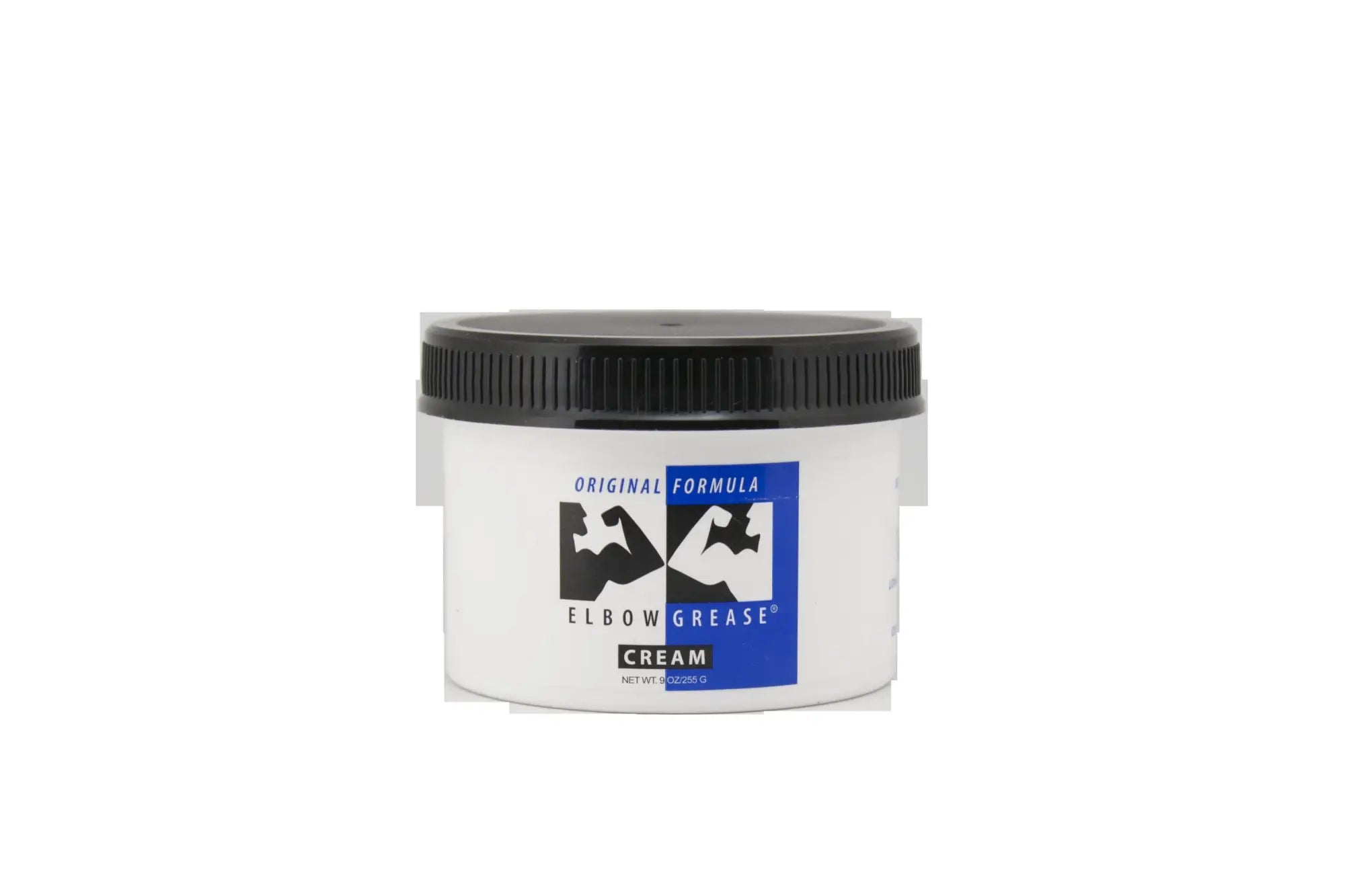White plastic jar with black ribbed lid and blue label featuring elbow grease brand for original cream 9oz 266ml
