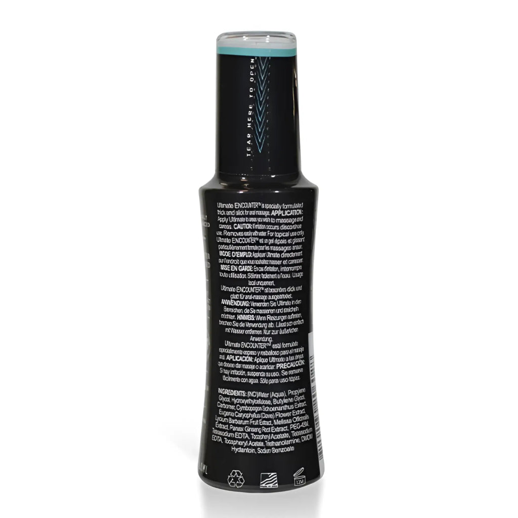 Black cylindrical bottle with teal cap and white text labeled ultimate encounter elbow grease water based anal lubricant 65ml