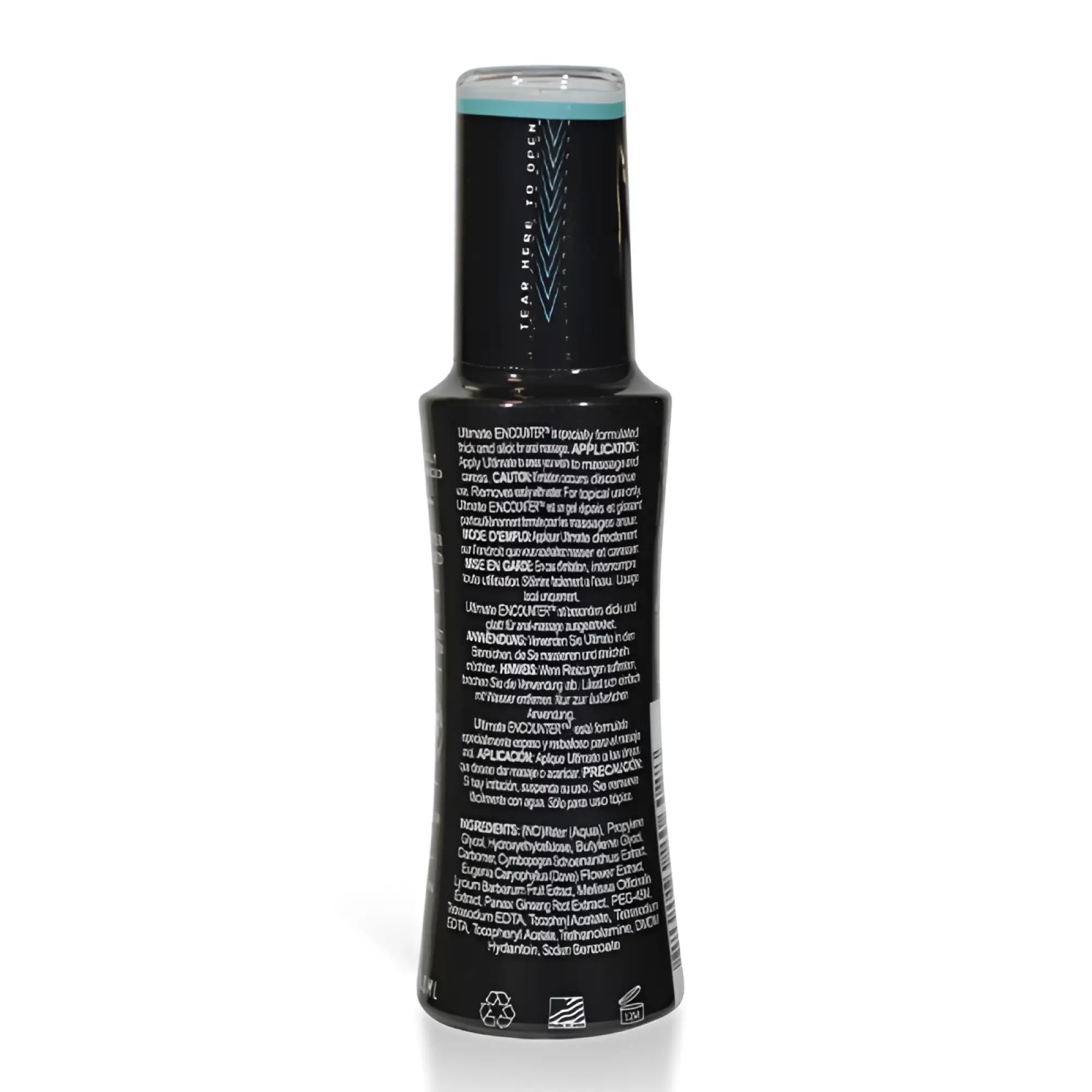 Black cylindrical bottle with teal cap and white text labeled ultimate encounter elbow grease water based anal lubricant 65ml
