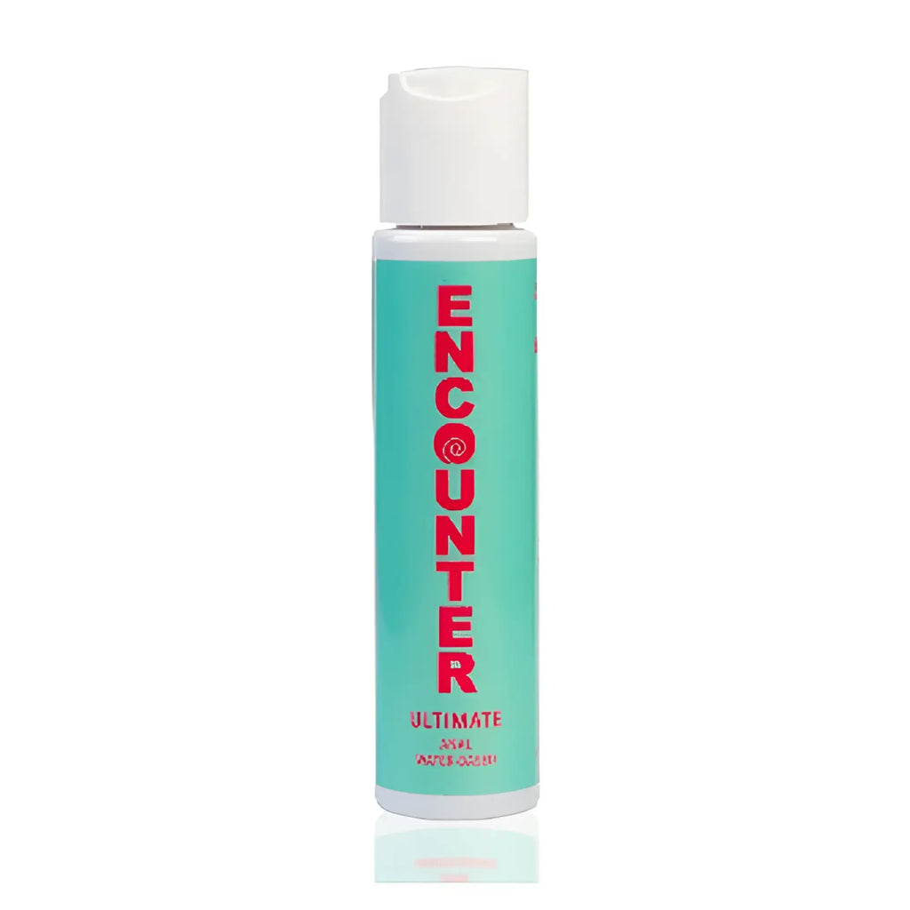 A sleek translucent teal bottle with white cap and red encounter label of elbow grease water based anal lubricant 65ml