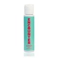 A sleek translucent teal bottle with white cap and red encounter label of elbow grease water based anal lubricant 65ml