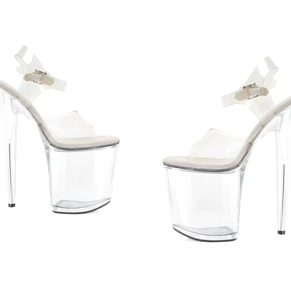 Ellie Shoes clear platform sandal 8in with clear acrylic heels, transparent straps, and silver-toned buckles