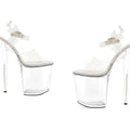Ellie Shoes clear platform sandal 8in with clear acrylic heels, transparent straps, and silver-toned buckles