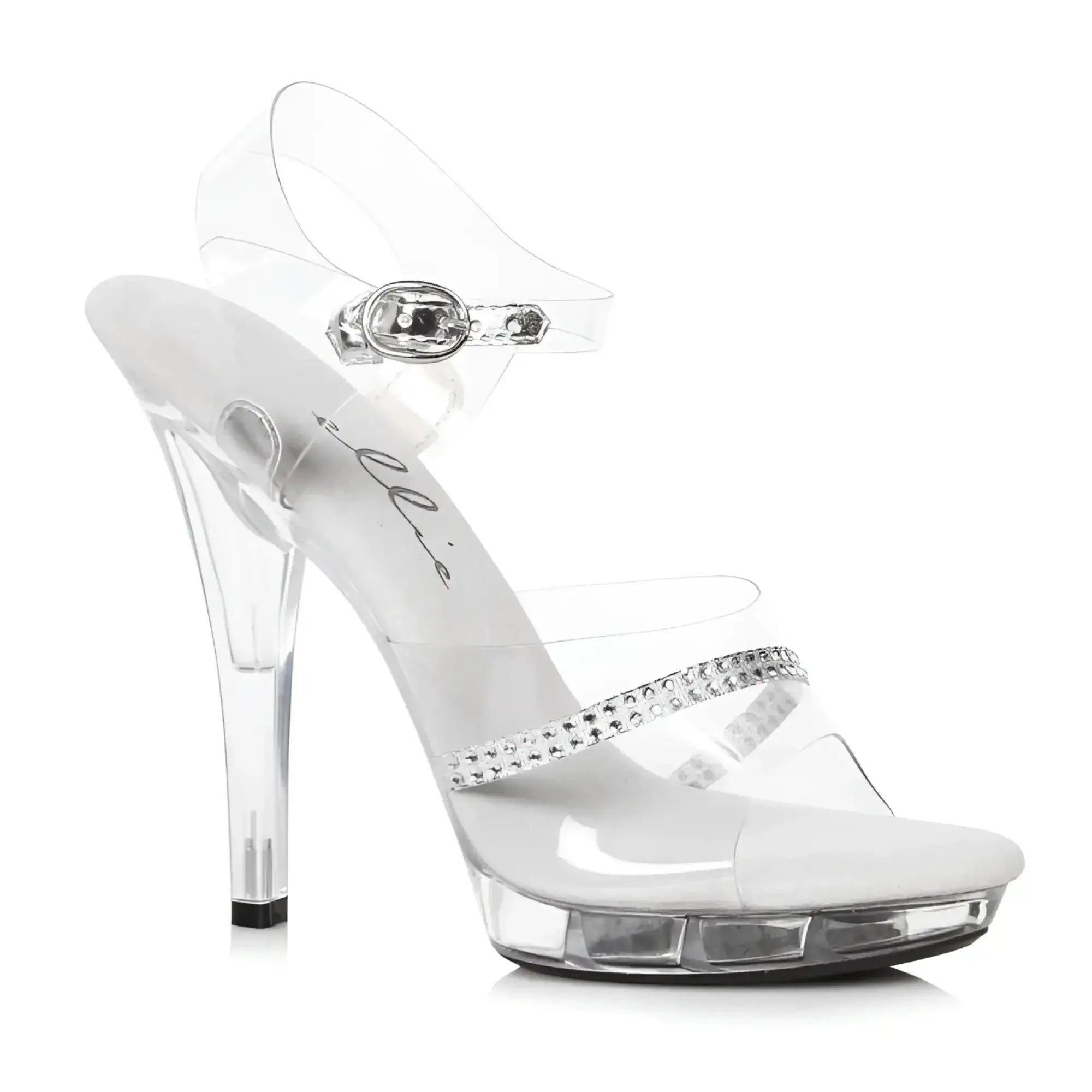 Ellie Shoes clear plastic high-heeled sandal with silver buckle and rhinestone strap 5 inch heel