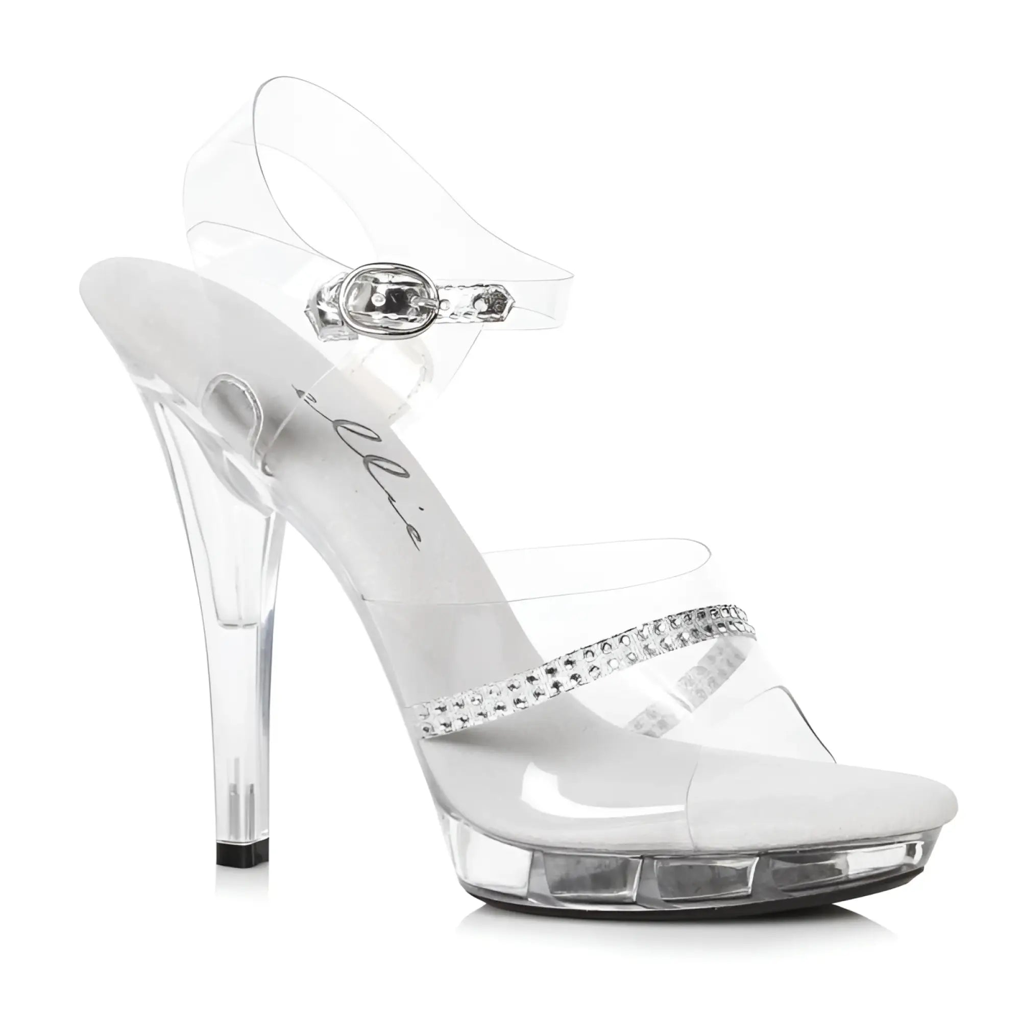 Clear plastic high-heeled sandal with silver buckle and rhinestone strap Ellie Shoes clear rhinestone sandal 5in 9