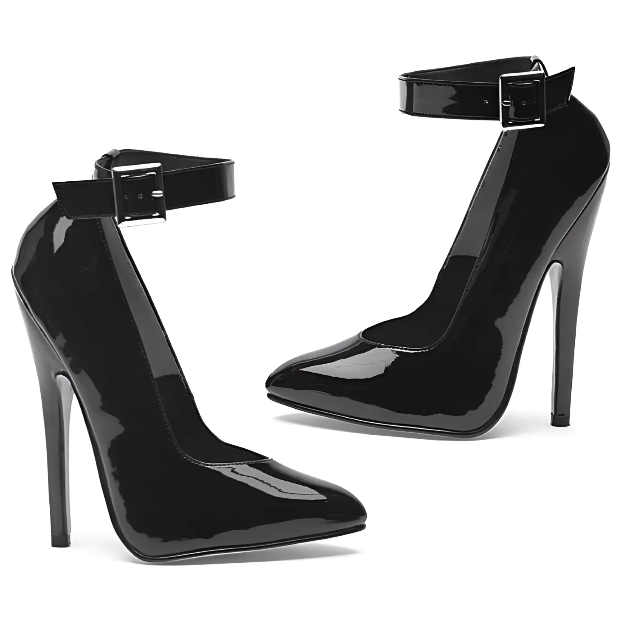Black patent leather high-heeled pumps with ankle straps and silver buckles Ellie Shoes Fetish Pump 6in size 7