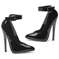Black patent leather high-heeled pumps with ankle straps and silver buckles Ellie Shoes Fetish Pump 6in size 7