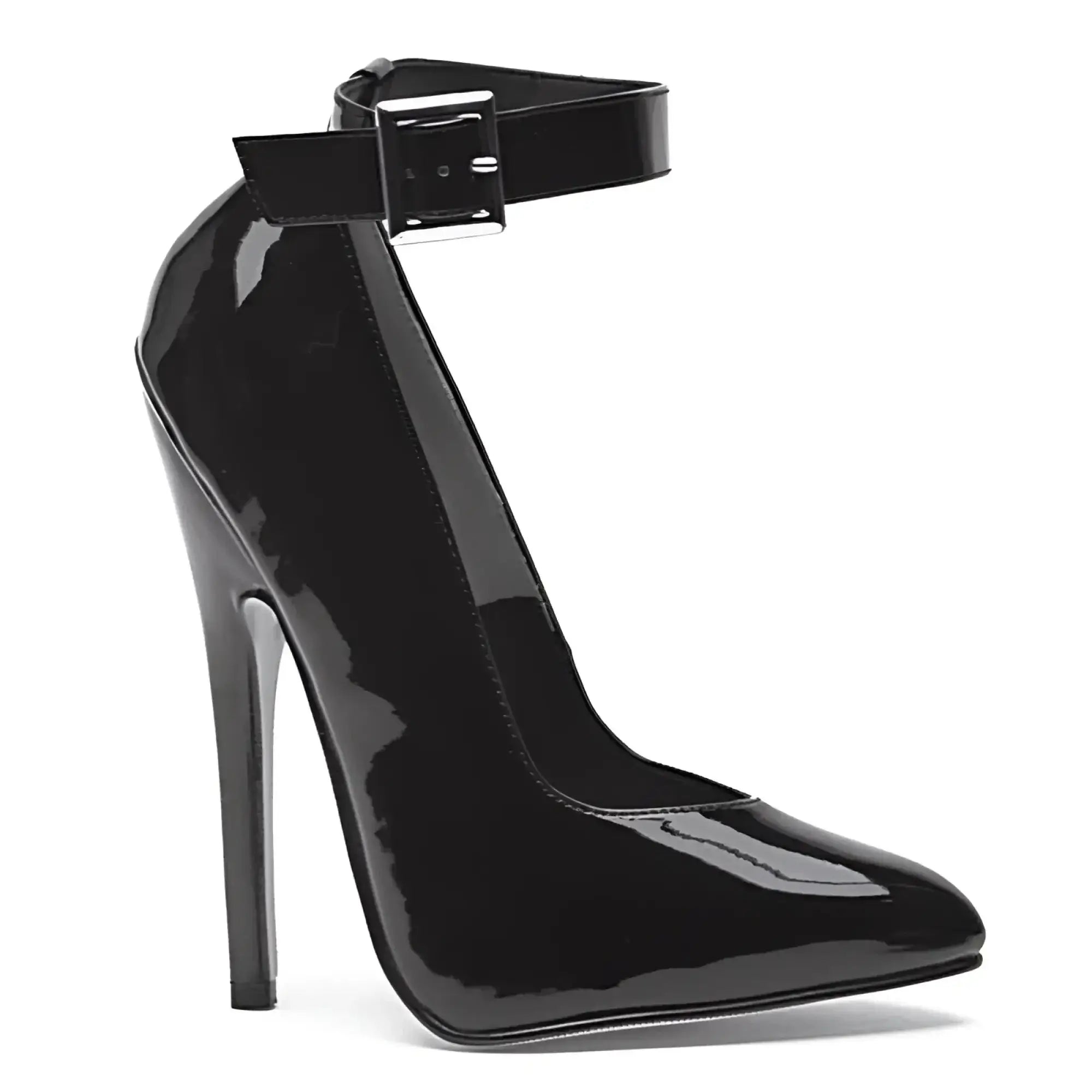 Black patent leather high-heeled pump with silver buckle ankle strap by Ellie Shoes Fetish Pump 6 inch heel size 8