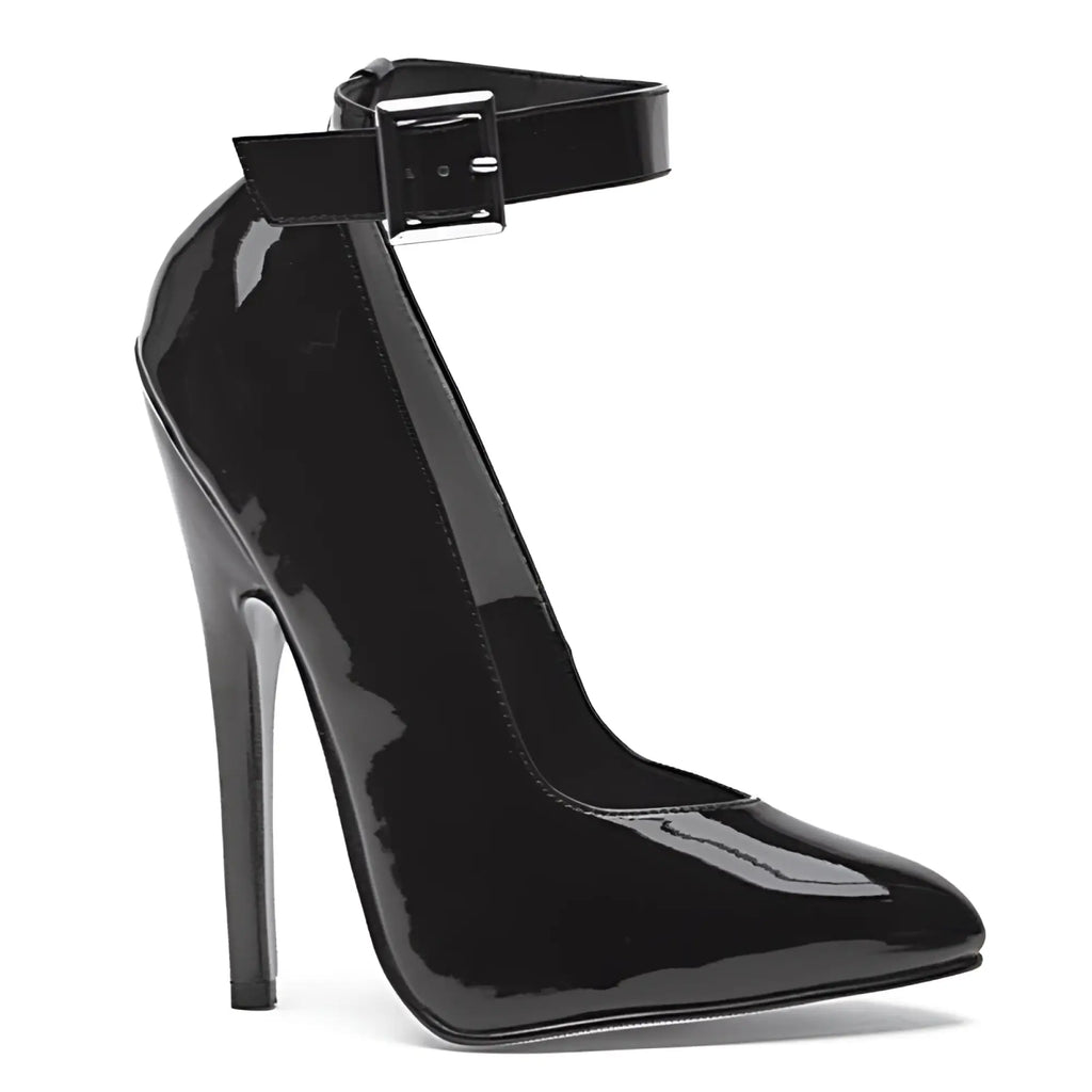 Black patent leather high-heeled pump with silver buckle ankle strap from Ellie Shoes Fetish Pump collection