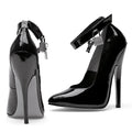 Black patent leather high-heeled pumps with ankle straps secured by padlocks from ellie shoes fetish pump w lock and key