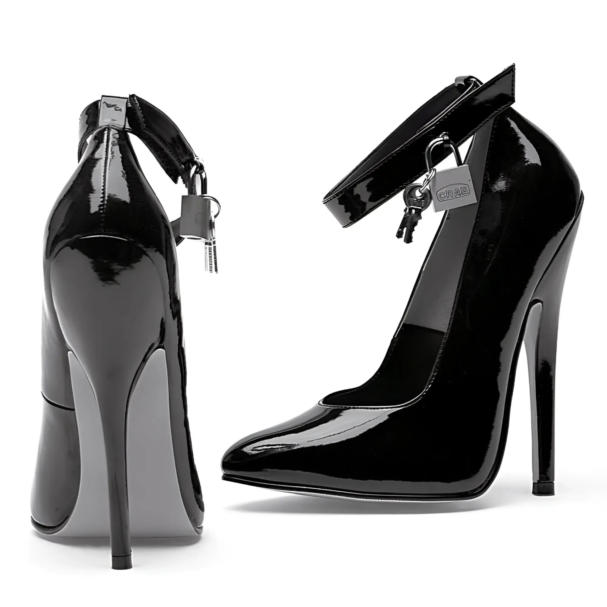 Black patent leather high-heeled pumps with ankle straps secured by padlocks from ellie shoes fetish pump w lock and key