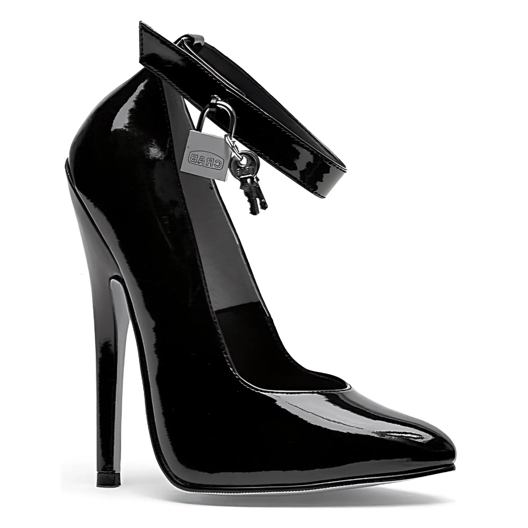 Ellie shoes fetish pump black patent leather high heel with ankle strap silver padlock and keys 6 inch heel