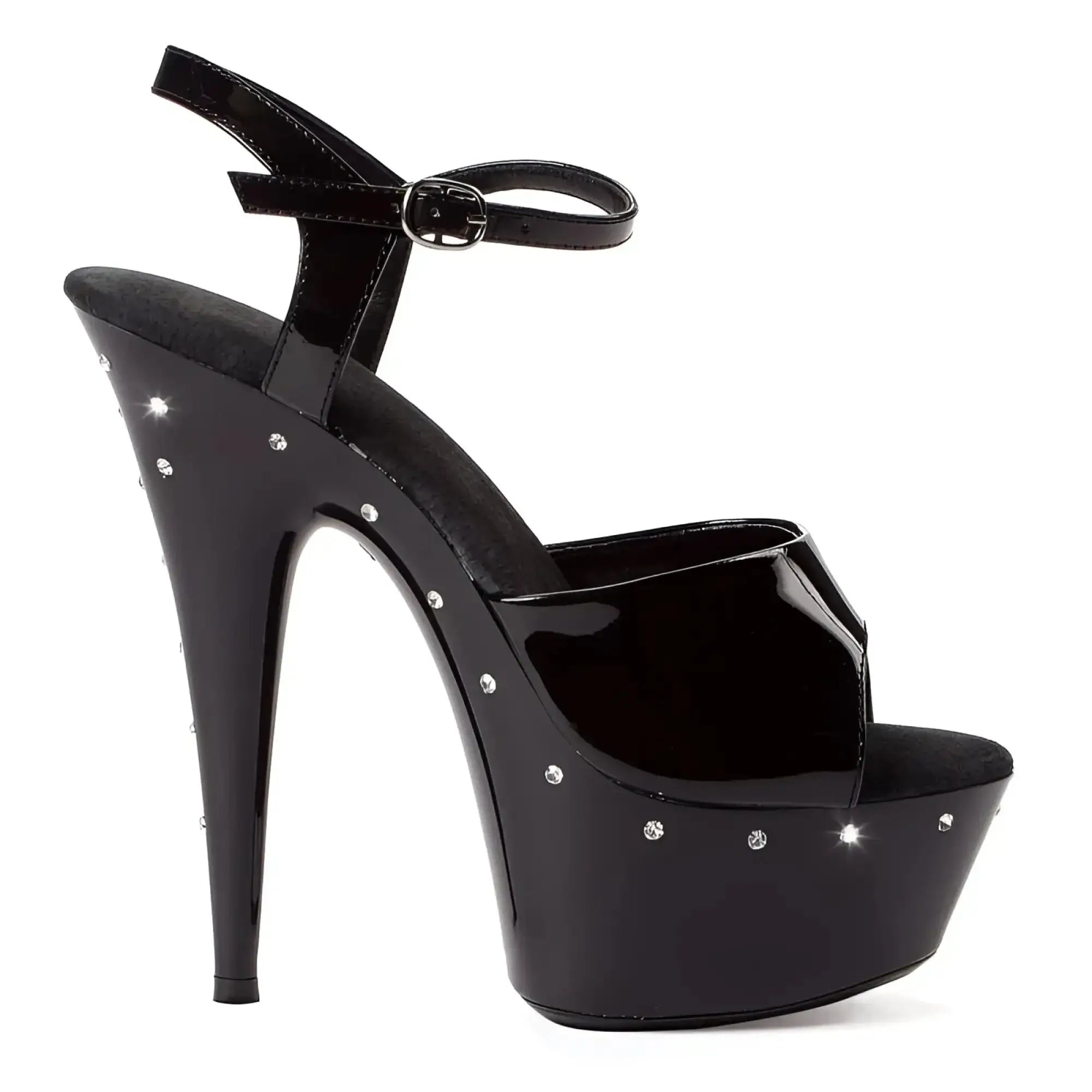 Ellie Shoes rhinestone platform black patent leather high heel with 6in stiletto heel and clear rhinestone ankle strap