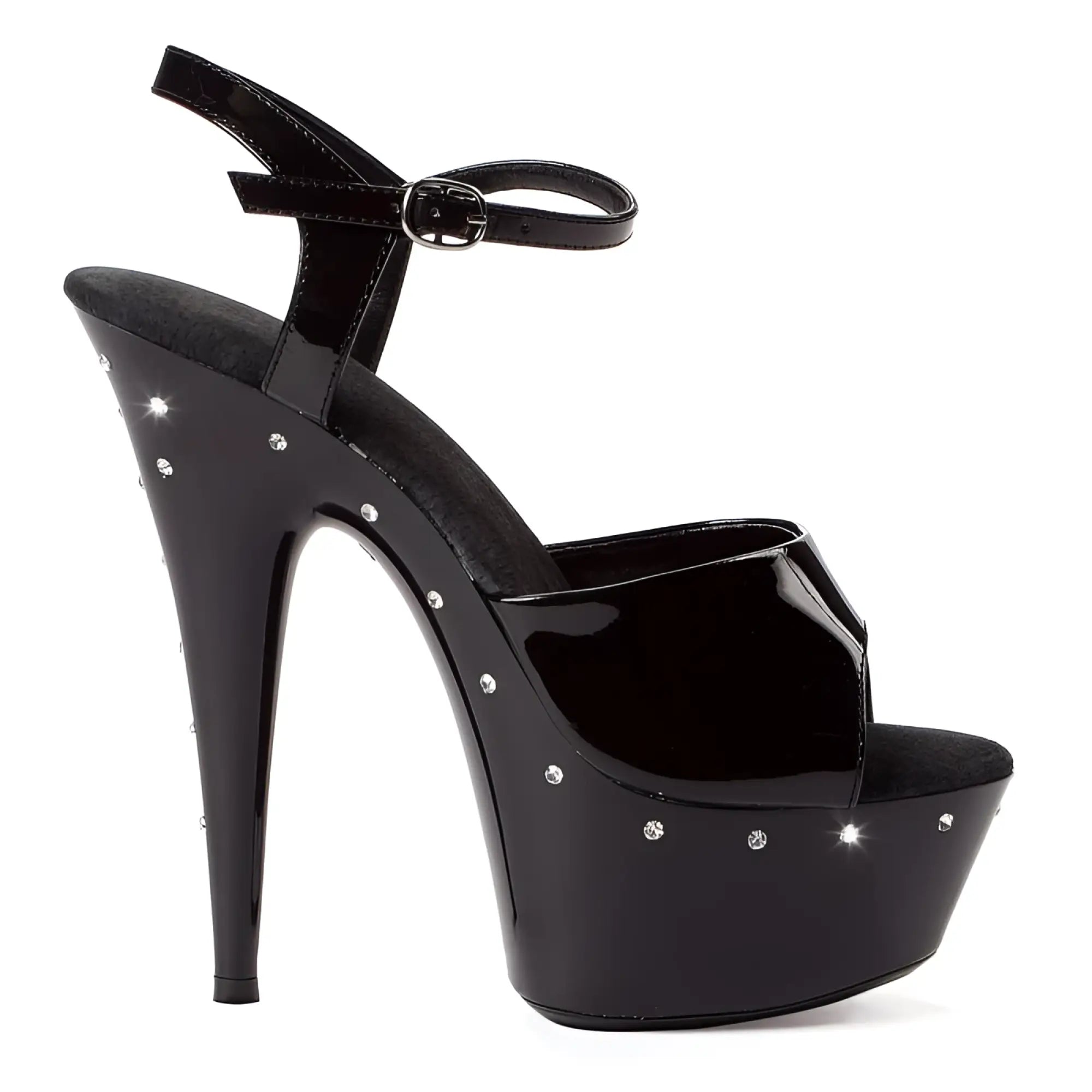 Black patent leather platform high heel with rhinestones and ankle strap by Ellie Shoes rhinestone platform black 6in 9