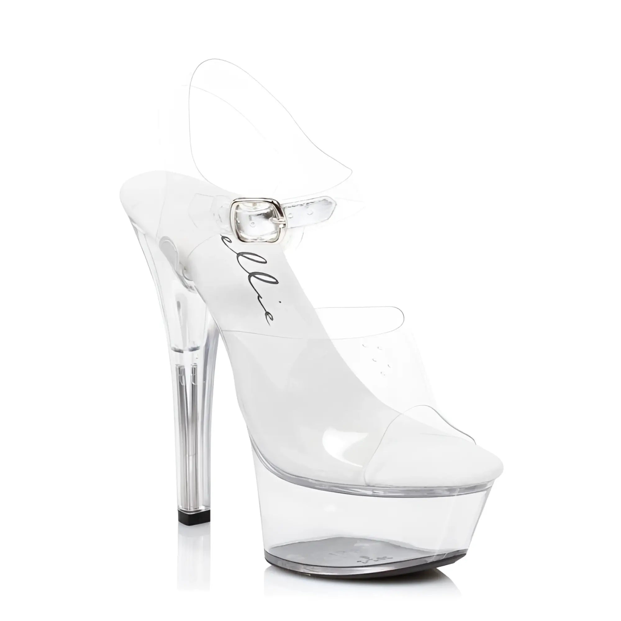Ellie Shoes clear 6in sandal featuring a clear acrylic platform high heel with transparent ankle strap and silver buckle