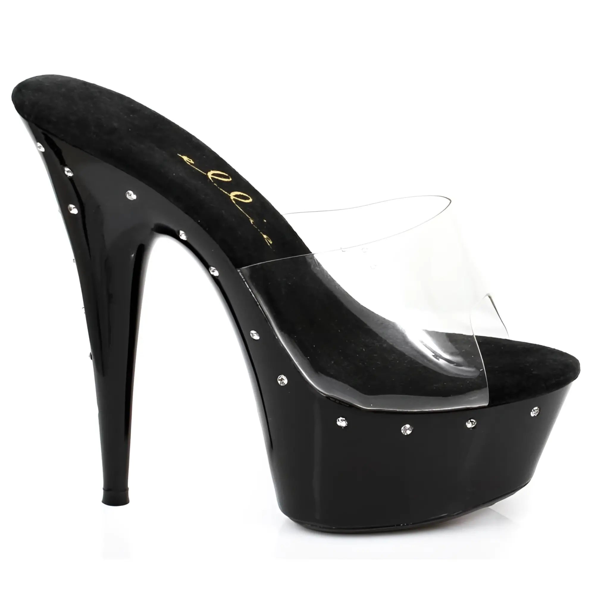Ellie Shoes slip on black platform high heel with clear plastic strap and rhinestone embellishments 6 inch size 7