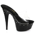 Black platform high heel slip on by Ellie Shoes with clear plastic strap and rhinestone embellishments 6 inch heel size 9