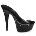 Black platform high heel slip on by Ellie Shoes with clear plastic strap and rhinestone embellishments 6 inch heel size 9