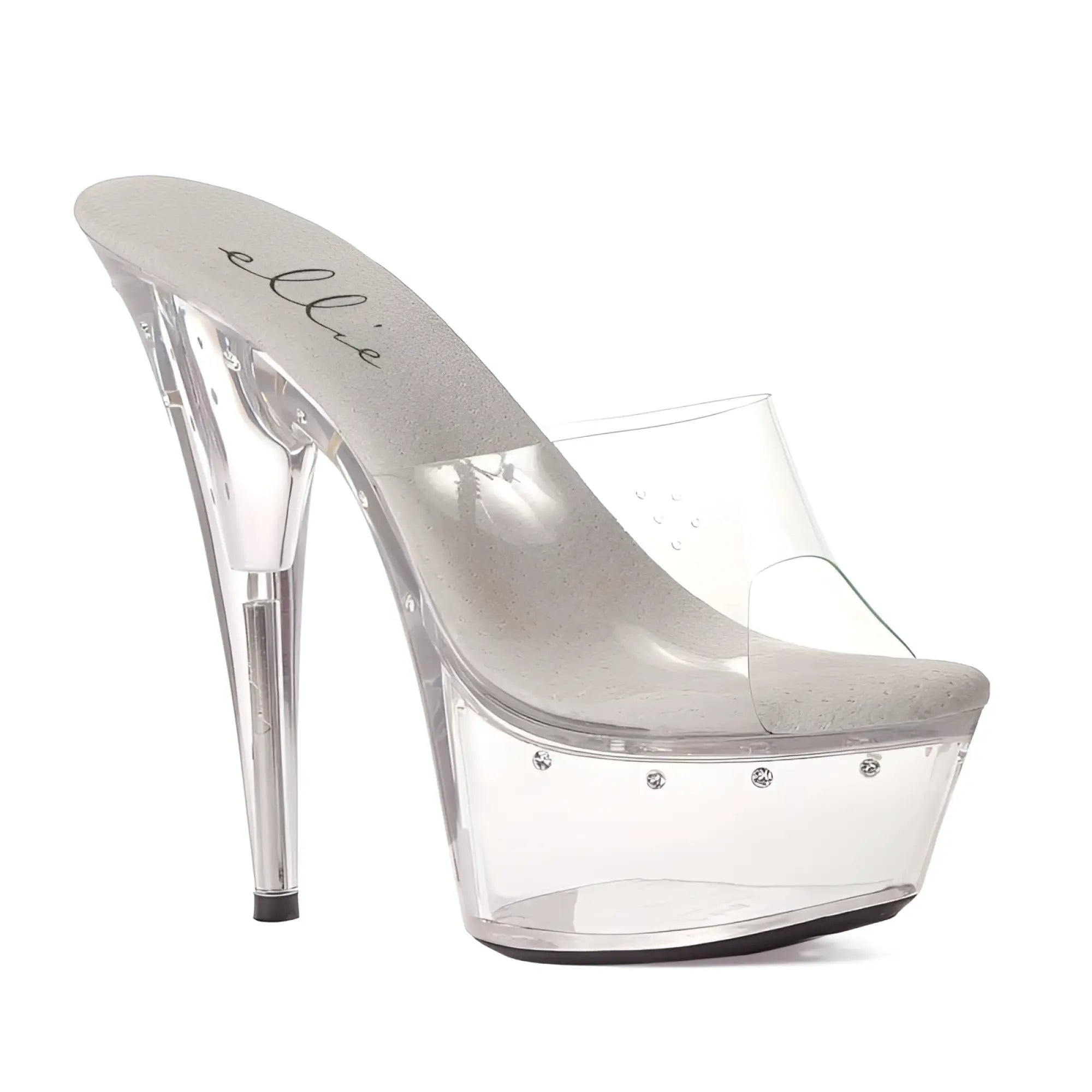 Ellie shoes slip on rhinestone platform clear 6in high heel with silver glitter insole and rhinestone accents