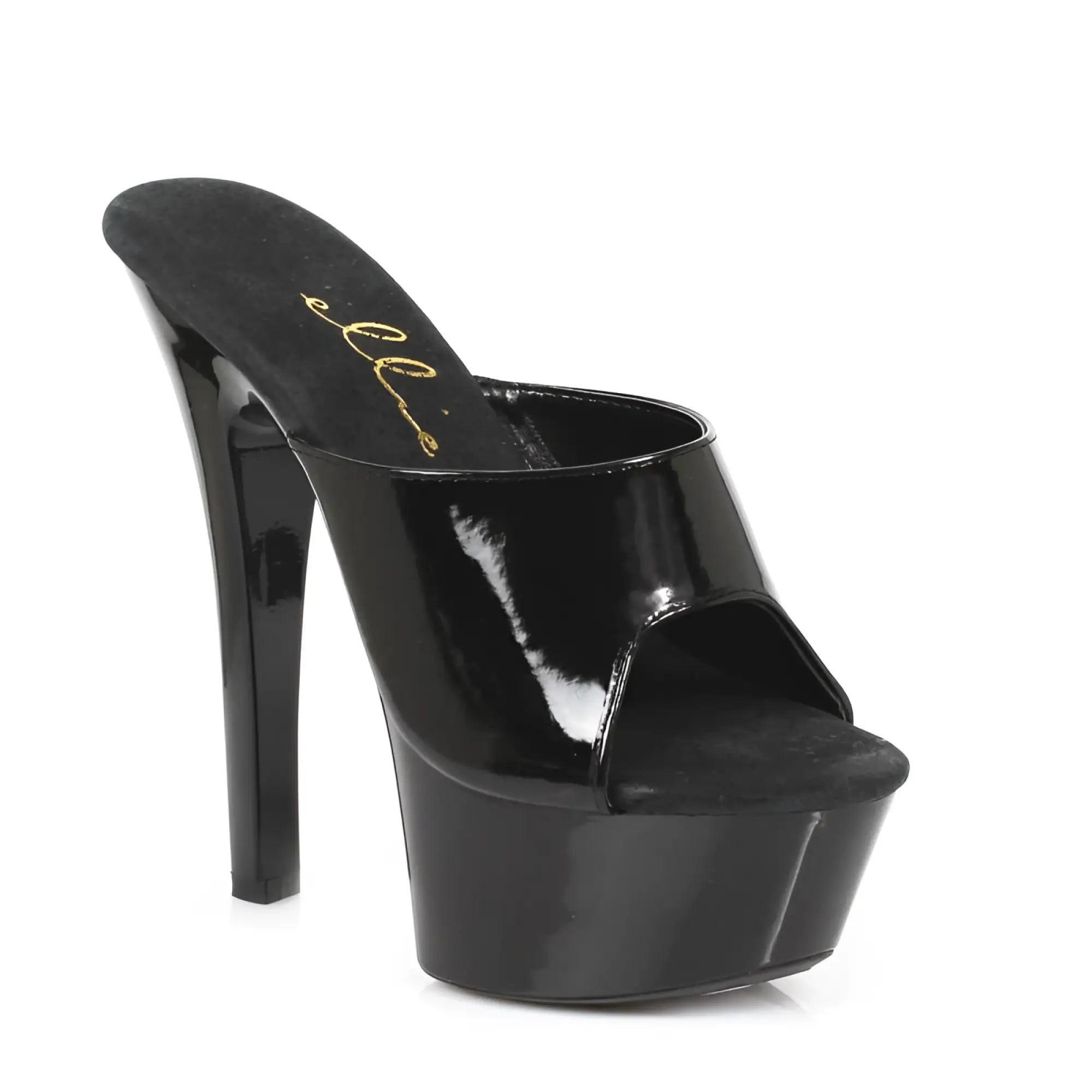 Ellie shoes slip on sandal black 6in black patent leather platform mule with high stiletto heel and suede lining
