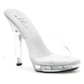 Ellie shoes slip on sandal clear 5in features a clear plastic high-heeled mule with silver glitter insole and transparent platform
