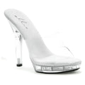Ellie shoes slip on sandal clear 5in features a clear plastic high-heeled mule with silver glitter insole