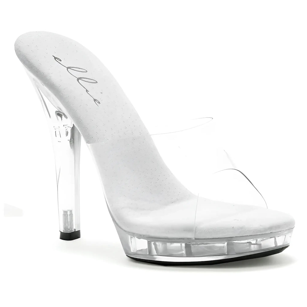 Ellie shoes slip on clear high-heeled mule with transparent platform and silver glitter insole size 8