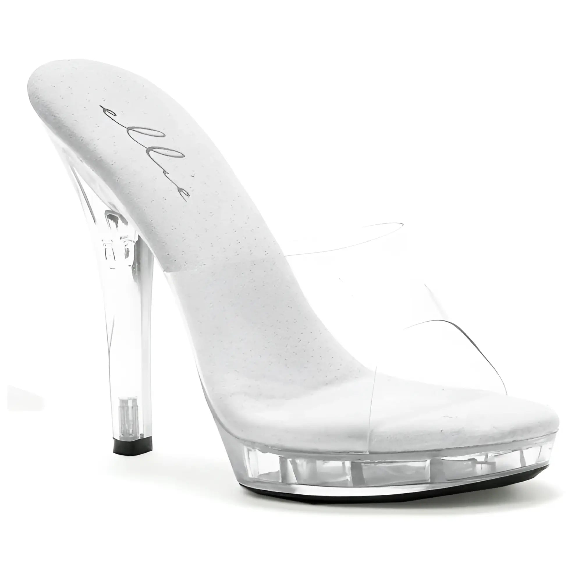 Ellie shoes slip on clear high-heeled mule with transparent platform and silver glitter insole size 8