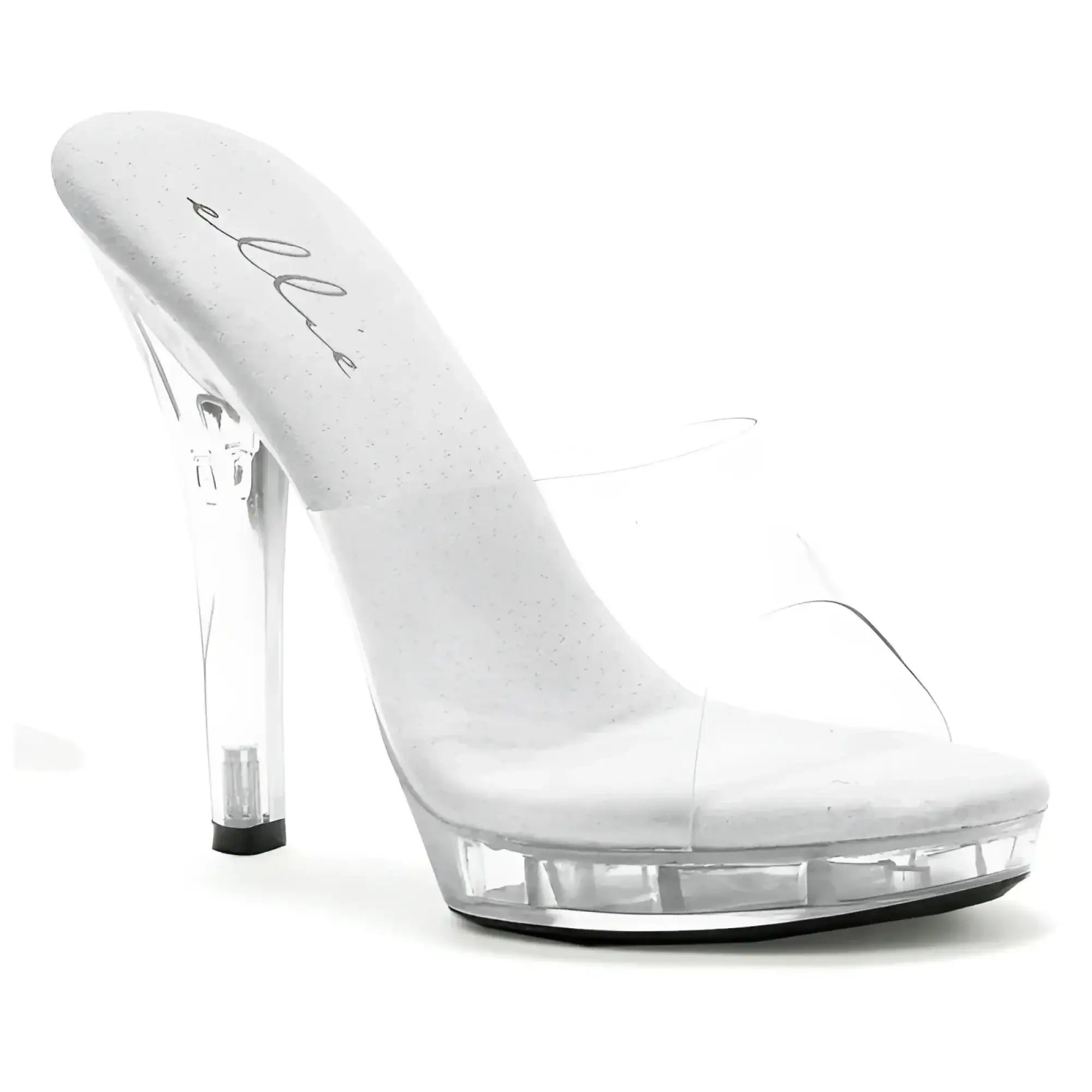Ellie shoes slip on sandal clear 5in with clear plastic high-heeled mule silver glitter insole size 9