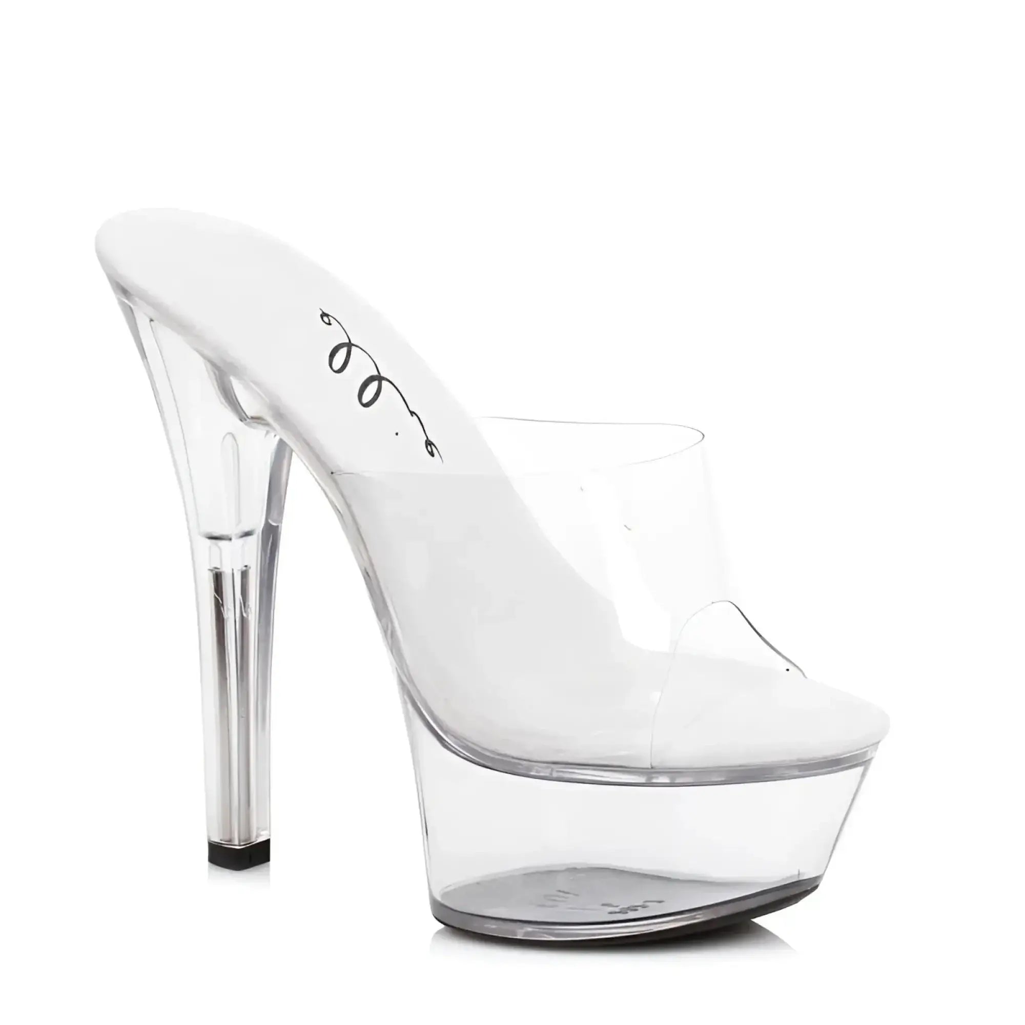 Clear acrylic platform slide sandal with high transparent heel and black rubber sole by Ellie Shoes size 9