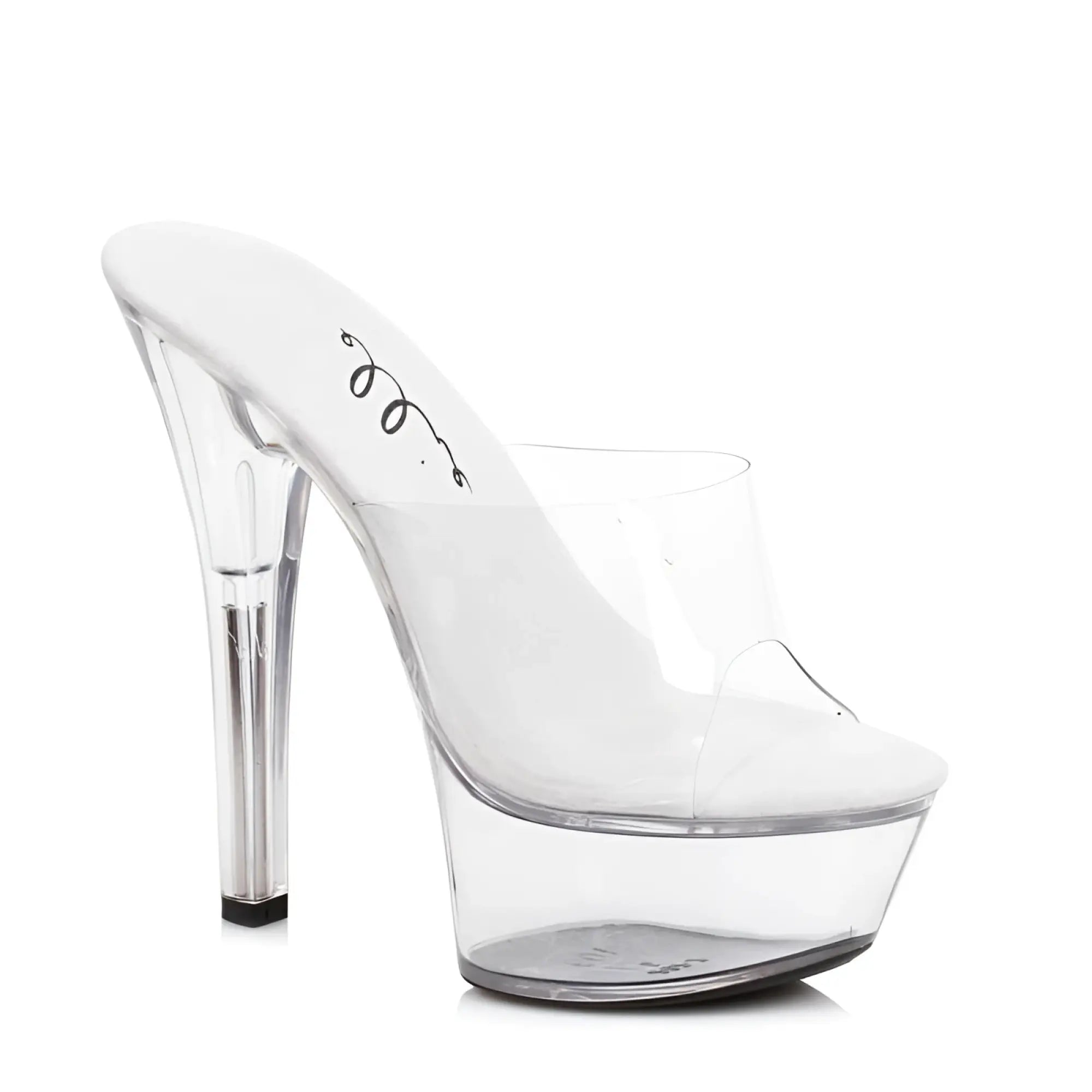 Clear acrylic platform slide sandal with high transparent heel and black rubber sole by Ellie Shoes size 9