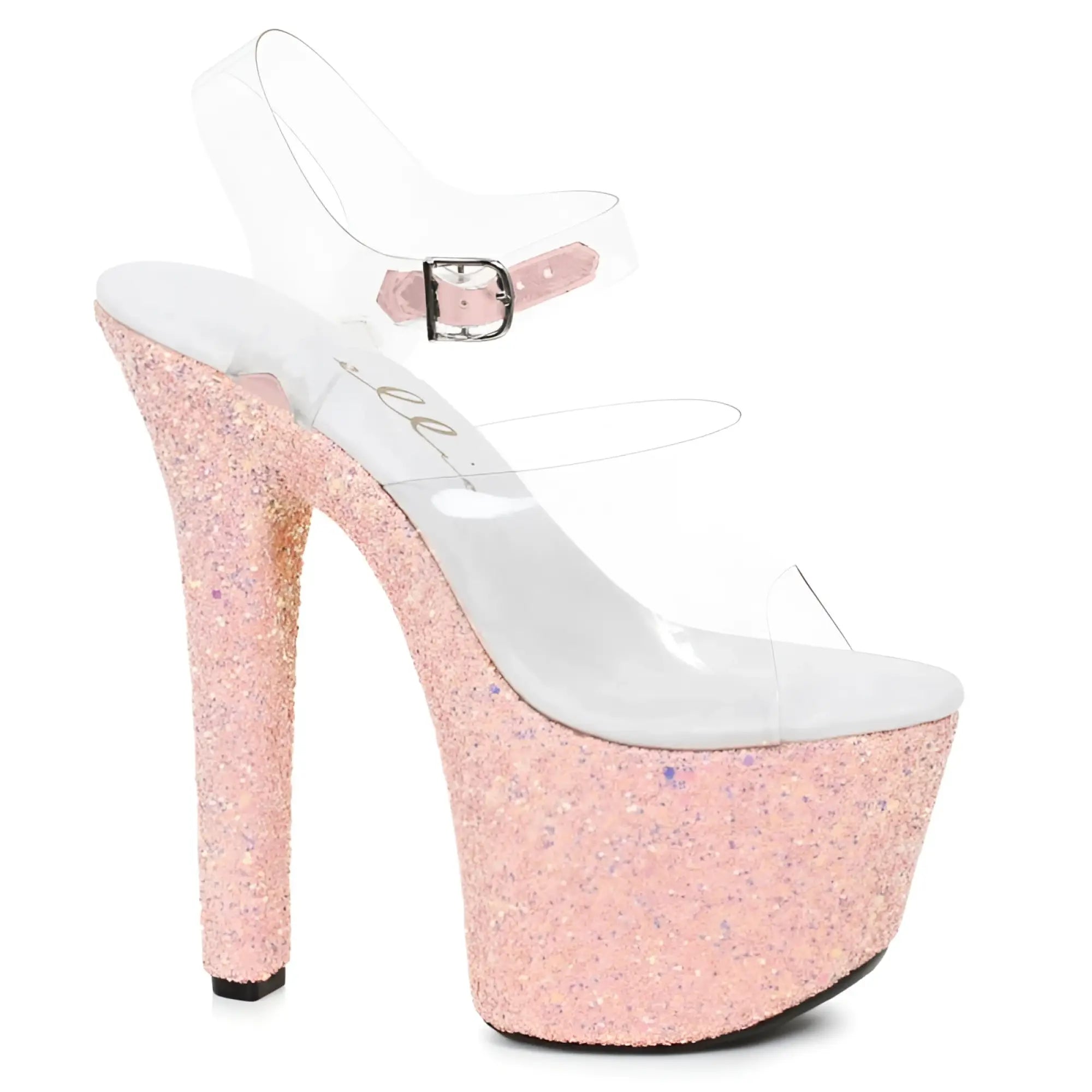 Ellie shoes stiletto platform sandal with 7in peach glitter heel clear straps and silver buckle