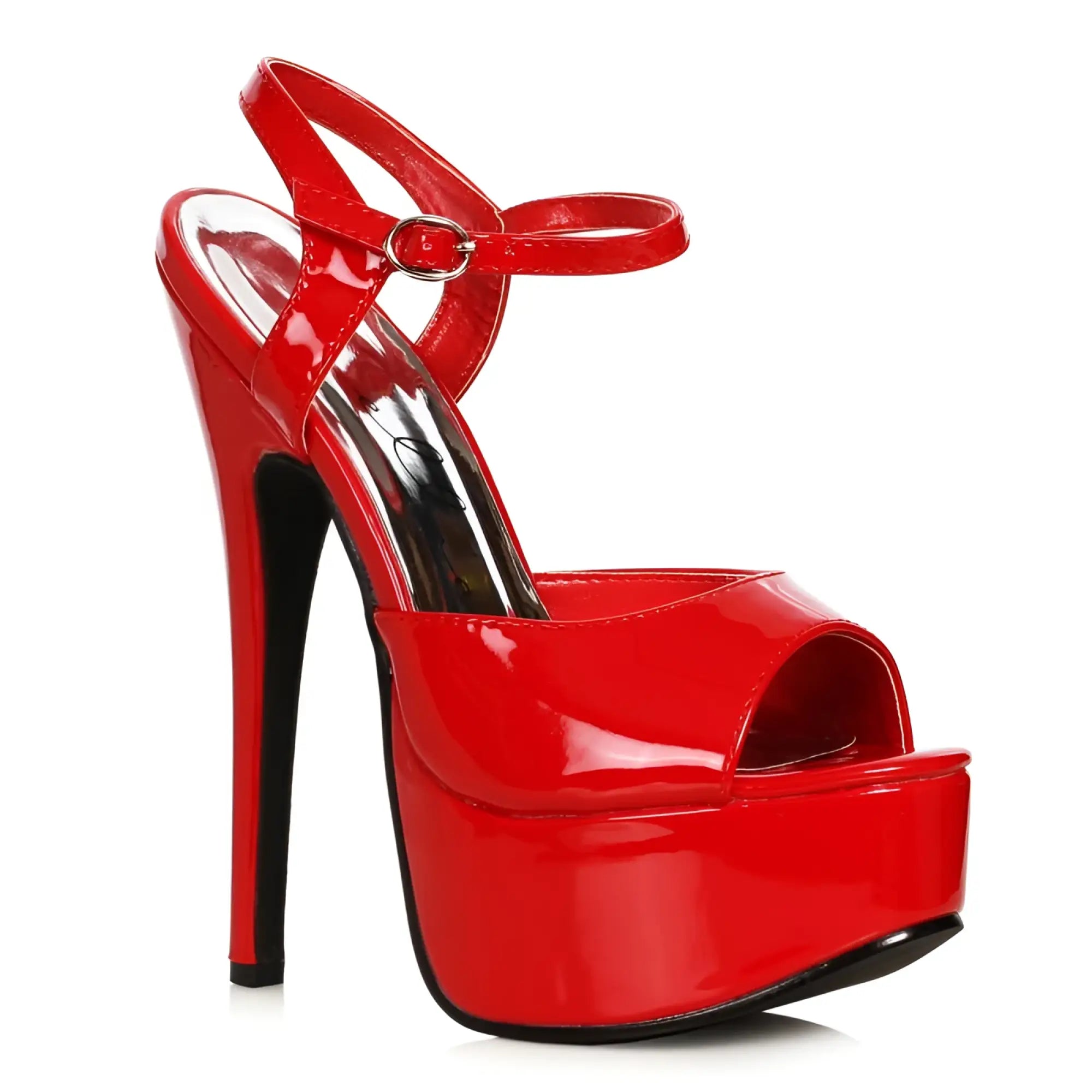 Ellie shoes stiletto sandal red glossy platform high heel with thin ankle strap and black sole size 8