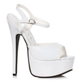 Ellie Shoes stiletto sandal white patent leather platform high heel with thin ankle strap and silver buckle size 9