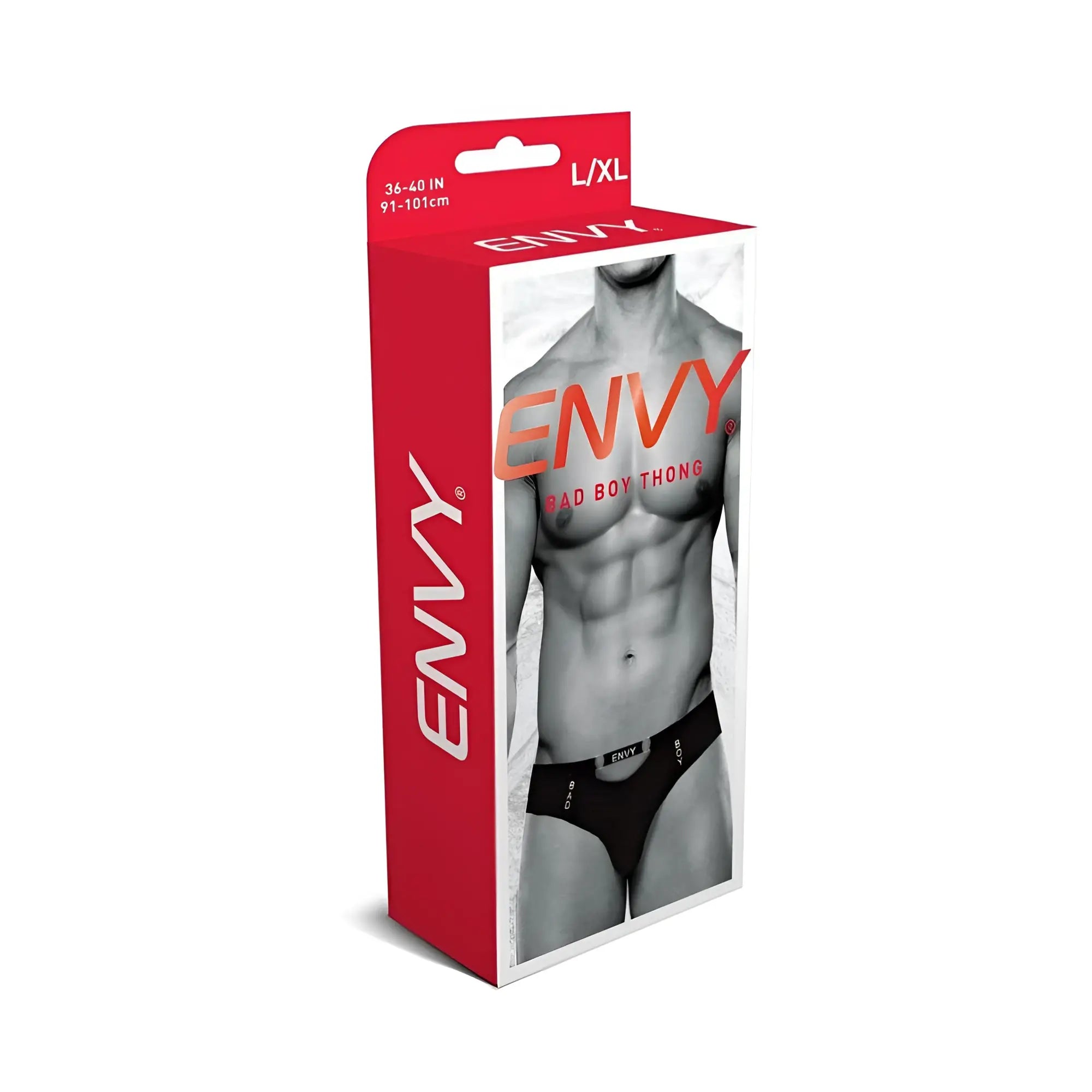 Envy bad boy thong black XL packaging showing a black cotton thong with the brand logo on the front