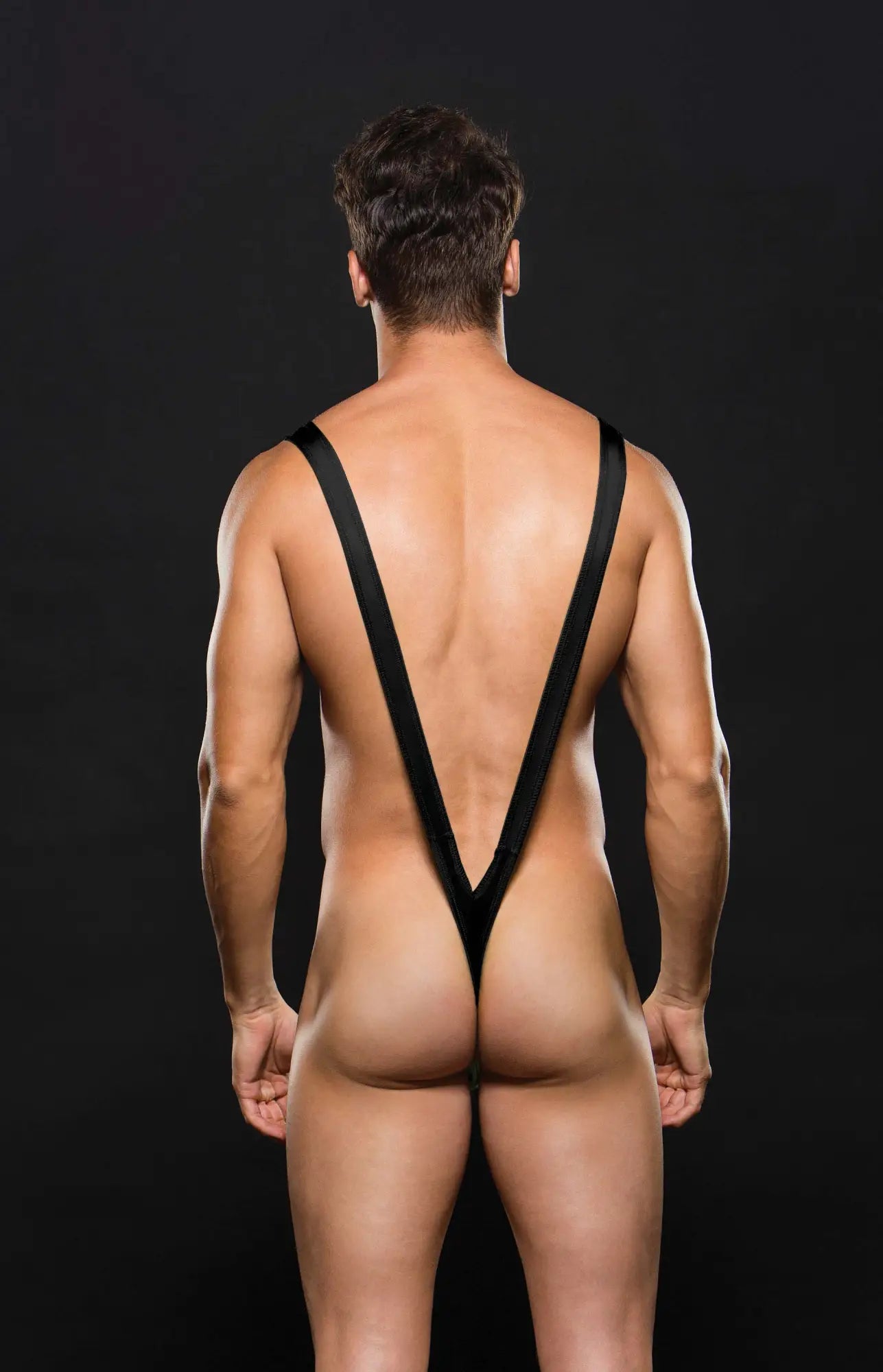 Black sleek minimalist one-piece Envy Borat Slingshot bodysuit in M/L shown from the back with deep v-back design