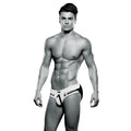 Black and white envy bulge jock athletic briefs with bold geometric design in white size medium large