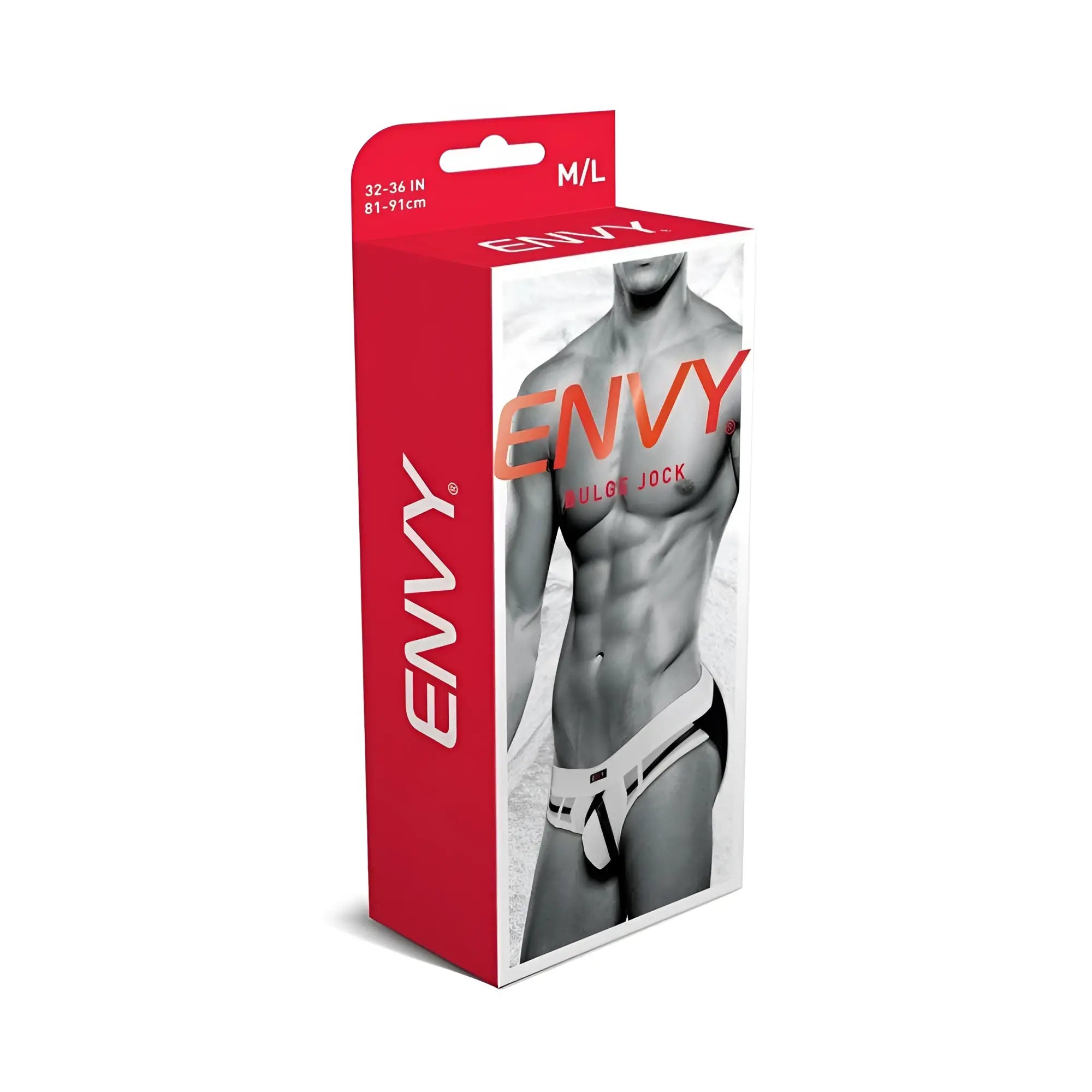 Red rectangular box for envy brand men’s white bulge jock briefs m/l with muscular man wearing the product