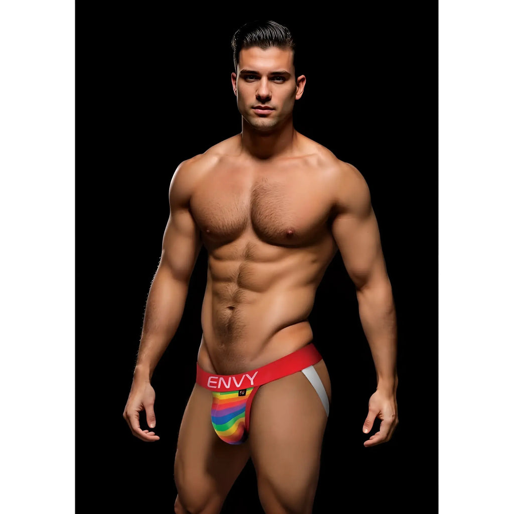 Envy rainbow pride jock briefs in red with rainbow stripes and white side panel for s m size